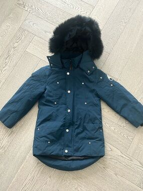 Moose Knuckles Kids Navy Puffer Jacket with Black Faux Fur Hood